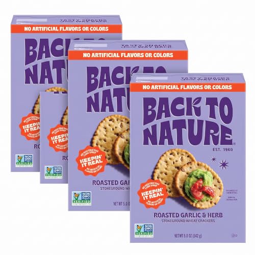 Back to Nature - Stoneground Wheat Crackers - Garlic &amp; Herb - Real Ingredients like Whole Grain Wheat, Flax Seed and Sea Salt - Dairy Free &amp; Non-GMO - 5 ounce (Pack of 4)