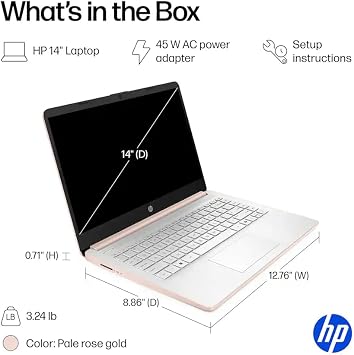 HP 14 Business & Student Laptop with 1-Year Office 365 & Copilot AI, 640GB Storage (128GB SSD+512GB SD Card) 4GB RAM, Intel Quad-Core Processor, PLUSERA Hub Included, Win11, Rose Gold