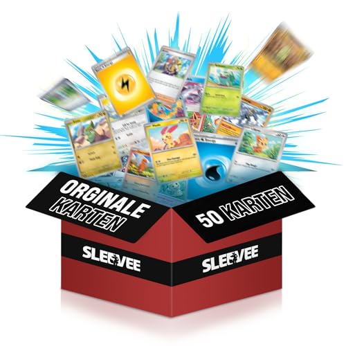 Pokemon Karten deutsch 50 Verschiedene Sammelkarten inkl. 5 Glitzerkarten - Individuelles Kartenset kompatibel mit Pokemon Karten in Sammelbox - Zusammengestellt von SLEEVEE