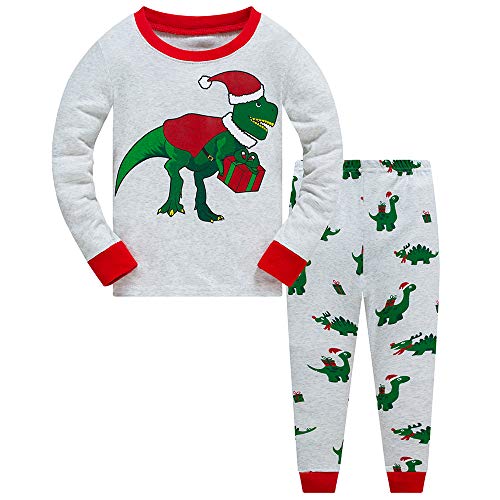 Kleine Jungen Mädchen Weihnachten Pyjama Kinder Pyjama-Set 100% Baumwolle Kleinkind Kleidung Dinosaurier Schneemann Langarm Nachtwäsche 2-teiliges Outfit Xmas Gift 3-10 Jahre, Dinosaurier-weiß, 116 Cover
