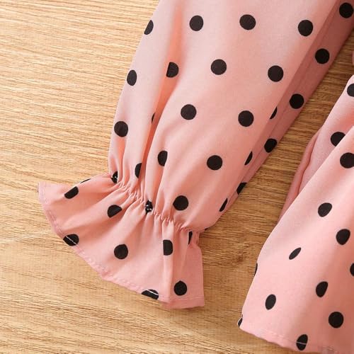 Image of Girls Polka Dot Lantern Long Sleeve Shirt with Bow-tie Belt and Legging Pants for 2-8 Years