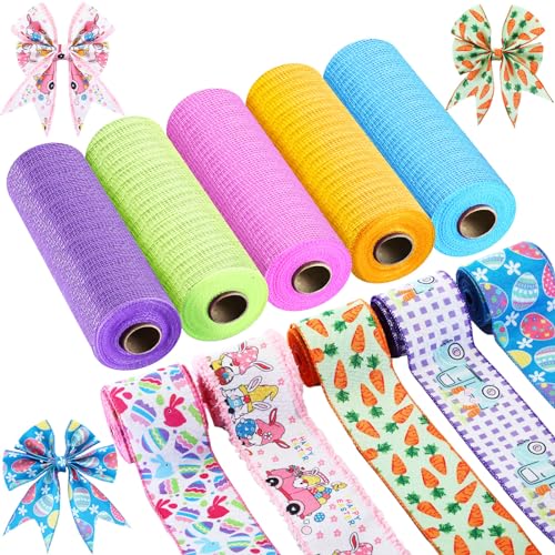 Woanger 10 Rolls Easter Ribbon Including 5 Rolls Mesh Ribbon 5 Reels Wired Edge Silk Sash Easter Egg Bunny Rabbit Wreath Silk Sash Spring Colorful Fabric Wrapping for DIY Craft Party Gift Decoration