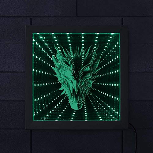 Mythical Beast Dragon Head LED Infinity Mirror Frame Gothic Dragon Awesome Optical Illusion Color Change Lighting Wood Frame-15inch