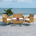SAFAVIEH Outdoor Collection Abdul Natural/White Cushion 4-Piece Conversation Patio Set PAT7504D