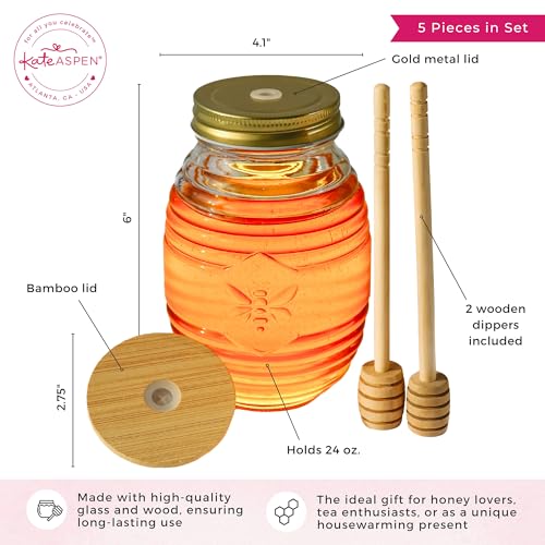 Kate Aspen 24oz. Bee Hive Shaped Honey Glass Mason Jar with Two Wooden Honey Dippers, Bamboo & Metal Lid, Kitchen Decor, Bumblebee Baby Shower Prize, Take Home Gift, Bee Decorations - Image 7