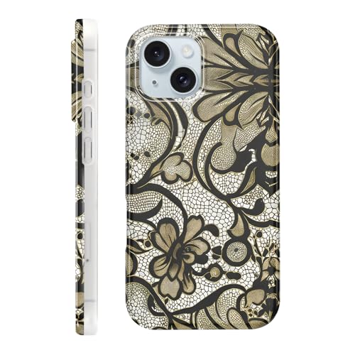 Coque iPhone 15 de 6.1 pouces, dentelle florale verte délicate
