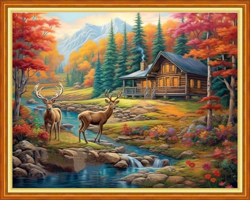 Image of Joyhoor Cross Stitch Kits for Beginners Stamped Cross-Stitch Supplies Needlework preprint Embroidery Kits for Adults DIY Needlepoint Kits Embroidery Patterns 11CT-Hut elk 16x20 inchs