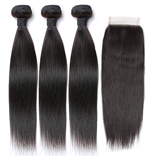 VONAR HAIR 8A Brazilian Straight Hair with Closure (20 22 24+18) 100% Unprocessed Human Hair Bundles with Closure Free Part Brazilian Virgin Straight Hair Bundles with Closure Natural Color