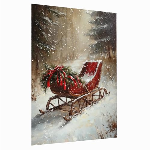Vintage Winter Sleigh Poster, Christmas Sleigh Art, Rustic Holiday Decor,
