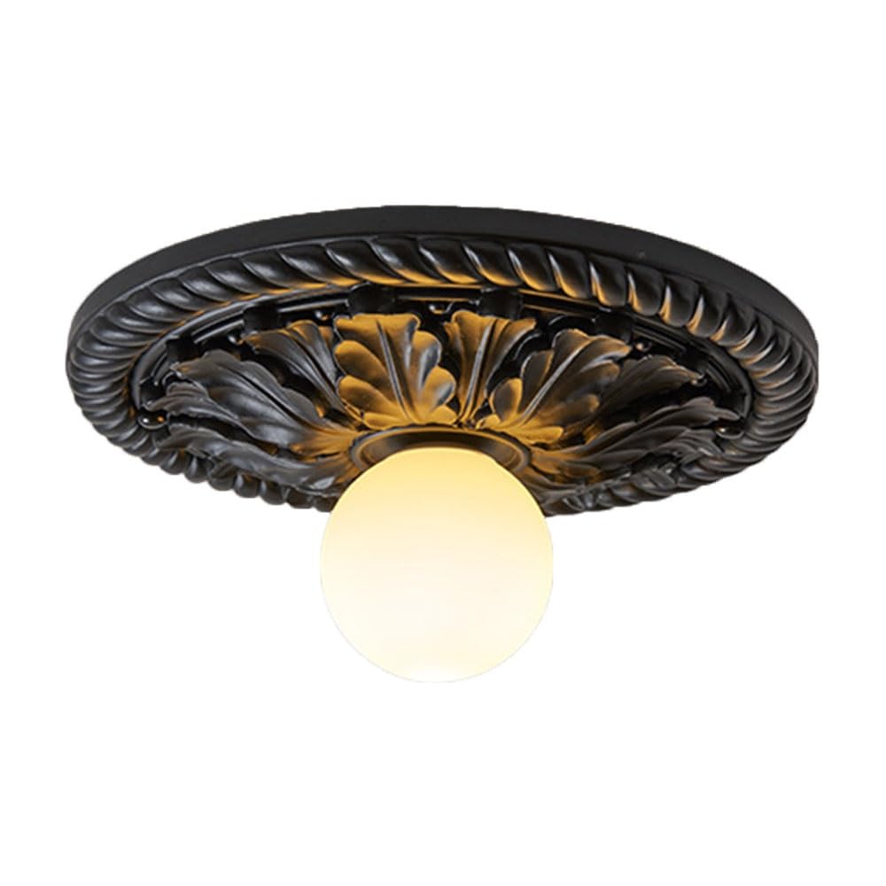 FEITENGDA 9.8" Black Vintage Semi Flush Mount Ceiling Light Carved Medallion Close to Ceiling Lamp Nordic White Globe Shade Ceiling Light for Hallway Entryway Bedroom Foyer