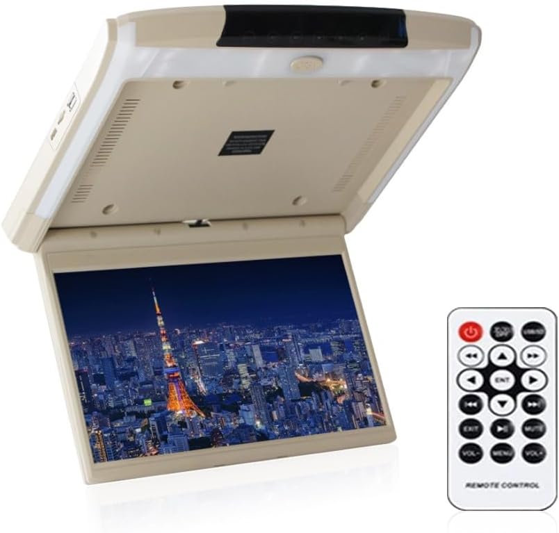 Kunfine Car 11.6 Inch Overhead Monitor Screen Display LED Vehicle Flip Down Roof Mount Console HDMI TV Player Control Panel NO DVD（Beige）