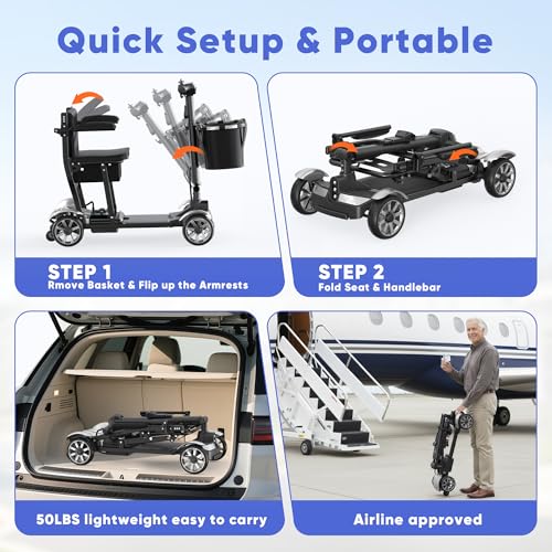 Image of 4 Wheels Mobility Scooters for Seniors,39LBS Light Frame&15 Miles Travel Range&350LBS Capacity&270W Brushless Motor Powered Wheelchair Folding Electric Scooter&Dust Cover&LED Lights&Auto Brake-Silver