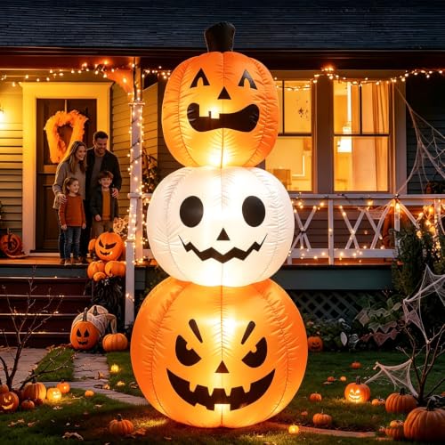 Image of Colourful Childrens Play Toy Stacked Halloween Inflatable Pumpkin Yard Decoration With Blower Outdoor Garden Party Prop (A, 180cm)