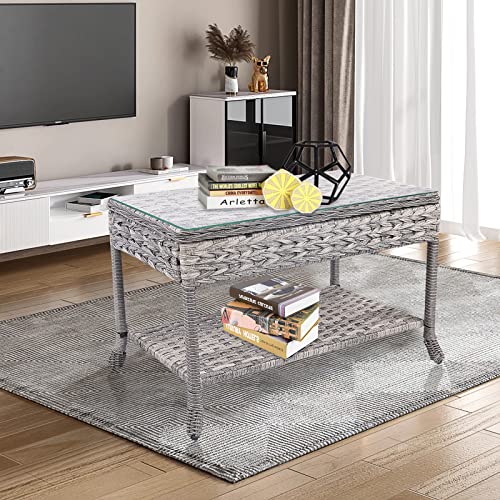 Sunacohen Wicker Coffee Table,Rattan Wicker Patio Table with Glass Top