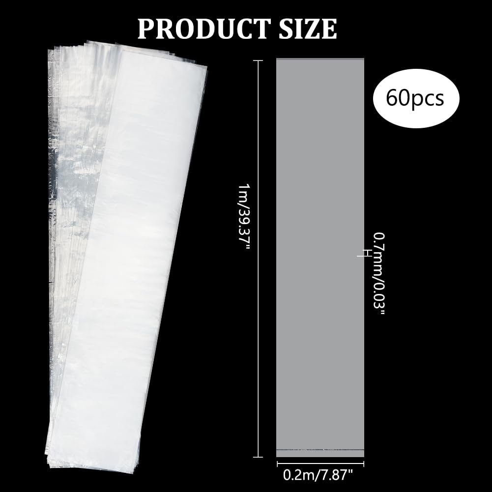 PH PandaHall 60 bolsas de plástico de polietileno transparente 2 mm 7.8 x 40 pulgadas tubo tubular manga larga plana abierta para pelucas carteles palomitas