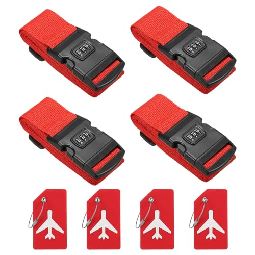 Image of PATIKIL Luggage Strap with Combination Lock Luggage Tag and Loop 78 inchx2 inch, 4 Set Adjustable Suitcase Belt for Travel Packing Bag Closure Identify, Red