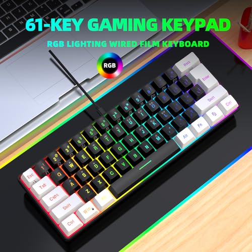 Image of Snpurdiri 60% Wired Gaming Keyboard, Small RGB Backlit Membrane Gaming Keyboard, Ultra-Compact Mini Waterproof Keyboard for PC Computer Gamer White and Black