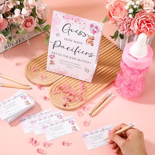 Image of Roowest 512 Pcs Baby Shower Games Guess How Many Pacifiers Sign 100 Small Guessing Games 10 HB Pencils 750ml Milk Bottle 400 Acrylic Pacifiers Decoration for Guest Gender Reveal(Pink,Bear)
