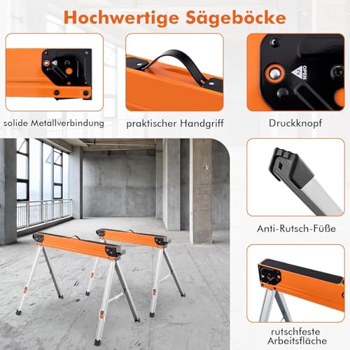 FANTASK 2er-Set Sägeböcke Klappbar, Tragbare Arbeitsböcke, robuste Metall-Sägehilfen Gerüstbock für Holzbearbeitung, Sägebock mit Griff bis 500 kg belastbar