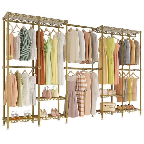 H5 Pro Heavy Duty Clothes Rack Wardrobe Closet for Hanging Clothes, Freestanding Garment Rack with Expandable Hanger Rods, Closet Organizer and Storage, (97.7-115.4")L x 15.7"W x 75.4"H, Gold