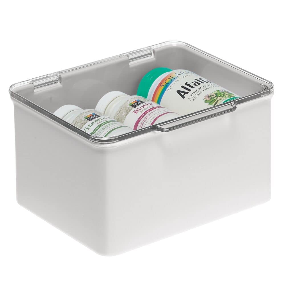 mDesign Plastic Household Stackable Storage Organizer Box Containers with Hinged Lid for Bedroom, Bathroom, Entryway, Hallway, Kitchen, Garage, Playroom, or Craft Room, Stone Gray/Clear