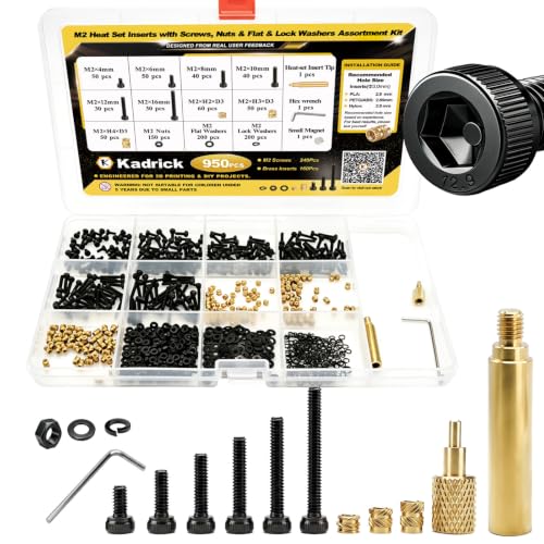 Image of 950Pcs M2 Heat Set Inserts & Screw Kit, Brass Threaded Inserts for 3D Printing,M2x4-16mm Socket Cap Screws & M2xH2 /3 /4 Brass Heat Inserts, with Installation Tip & Hex Key