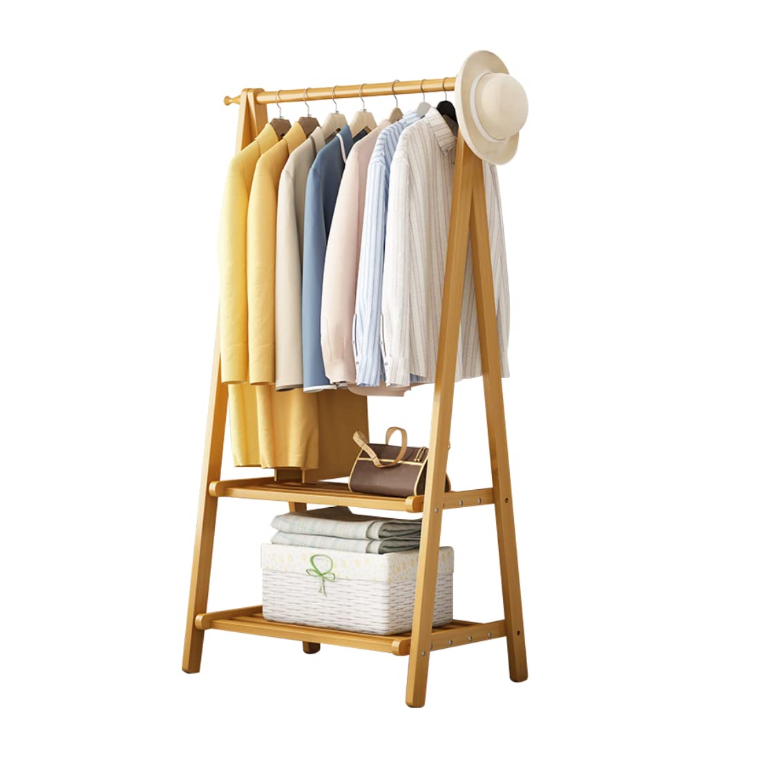 Garment Rack,Bamboo Clothes Hanging Rack with Side Hooks, Heavy Duty Clothing Rack (Style C-86CM, Natural)