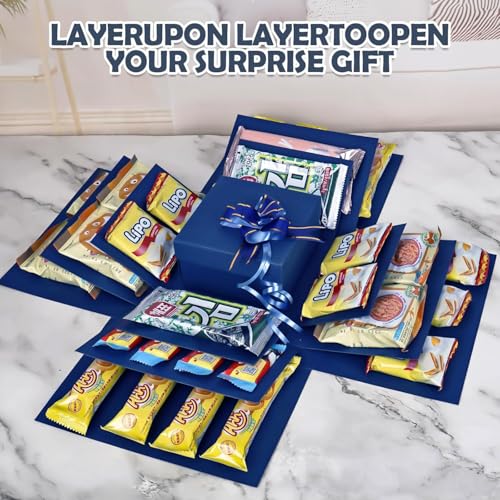 5-Lagige Explosionsbox DIY | Überraschungsbox & Surprise Box mit Klebeband + Band | Mehrzweck Geschenkbox für Geburtstag, Weihnachten, Valentinstag, Hochzeit & Jubiläum (Blau)