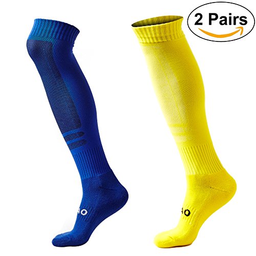 NALITARE 2 Pairs Cushioned Support Football Socks Non Slip Long Compression Sock High Elastic Breathable Soccer Hockey Tube Running Sports Socks - Mens &Womens UK 6.5-9.5 (Blue/Yellow)