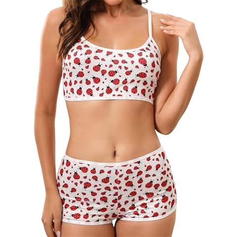 Morvia Women's Ladybugs Print Scoop Neckline Camisole With Straps & Boyshorts Underwear Set Comfy 2pcs Set (White & Red, Large) Cover