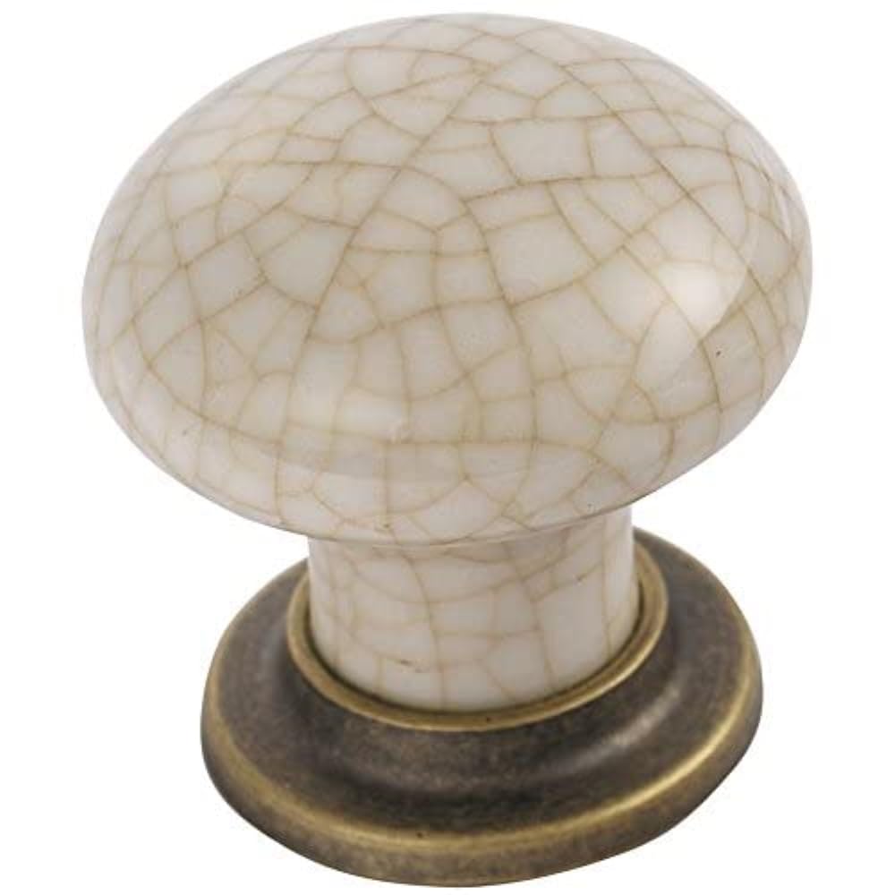 Fingertip Design Porcelain Crackle Glaze Mushroom Cabinet Cupboard Knob - Ivory Crackle on Antique Brass Base (ABIC) (35mm diameter knob)