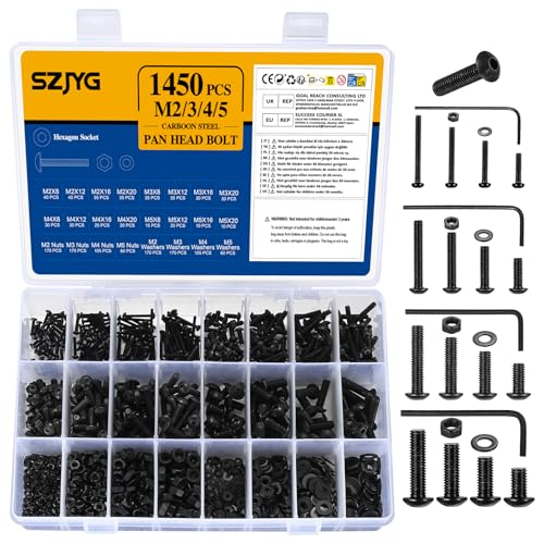M2 M3 M4 M5 Schrauben Set, 1450 Stück Schrauben und Muttern Unterlegscheiben Set, Knopfschrauben, Rund Innensechskantschrauben, Linsenkopf Gewindeschrauben Set, mit Schraubenschlüssel