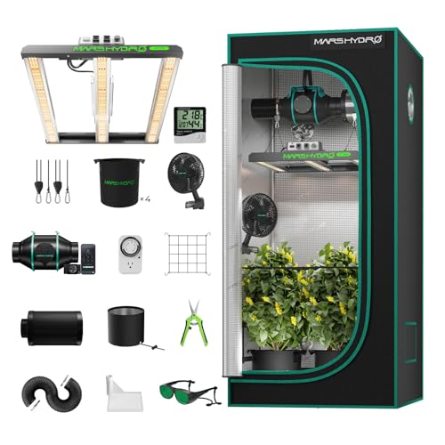 MARS HYDRO 3x3 Smart Grow Tent Kit Complete System,150W FC1500 Samsung LM301H Grow Light,WiFi App Dimming Control,1680D High Reflective Mylar,with 4inch Smart Ventilation System,10 Speed Clip Fan