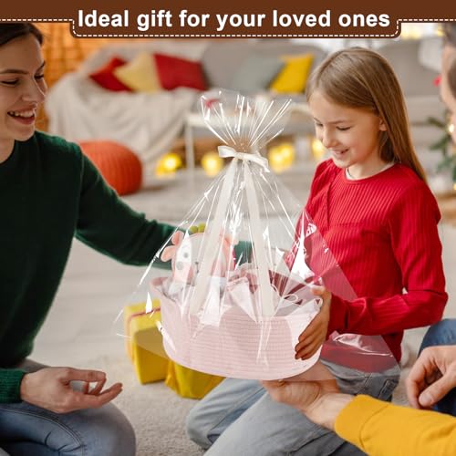 Image of OIAHOMY Gift Basket with Handle, 13.4 inchx 10 inchx 5.5 inch Woven Basket with Gift Bag, Ribbon and Wrap Tissue Paper, Nursery Bins Empty to Fill with Towels, Baby, Pet Toy Organizer - Pink