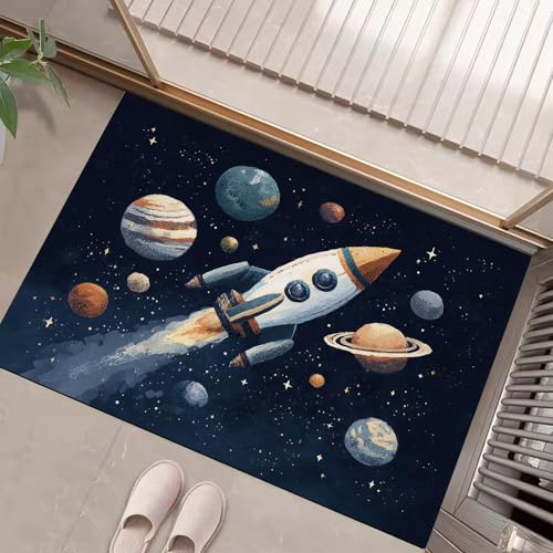 Tapete cocina dormitorio infantil con planetas y cohetes azul 3