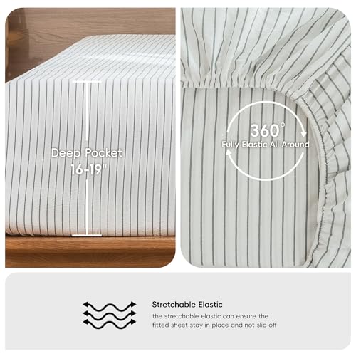 Image of MooMee Striped Sheet Set 100% Washed Cotton Linen Like Queen