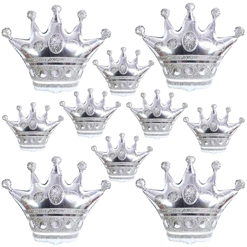 Image of 10 Pcs Silver Crown Balloons Silver Crown Foil Balloons Large Aluminum | Silver Crown Foil Balloons Large Aluminum Foil Balloon With Two Sizes For Birthday Baby Shower King Royalty Theme Party