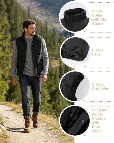 33,000ft Herren Steppweste Winterweste Warme Sportwesten für Männer Outdoor Weste Wasserbeständige Pufferweste mit 4 Taschen für Golf Wandern Reiten Freizeit Schwarz XL