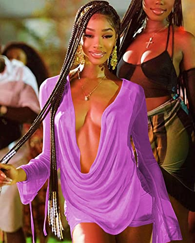 Image of Women's Sexy Long Sleeve Two 2 Pieces Outfits Sheer Mesh Mini Dress Skirt Set Top V Neck Backless Ruched Bodycon Cover Up