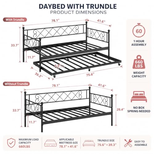 Image of Garvee Daybed with Trundle, Trundle Bed Twin with Heart-Shaped Headboard, Sturdy Metal Sofa Bed, Heavy-Duty Metal Bed Frame Support, for Living Rooms, Bedrooms, and Guest Rooms, Easy Assembly