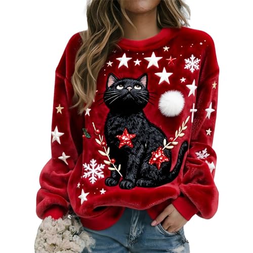 Women’s Christmas Cat Print Flannel Sweatshirt, Winter Casual Stylish Soft Warm Jumpers Xmas Novelty Funny Round Neck Pullover Tops Holidays Cosy Festive Clothing (Red-Black Cat, XXL)
