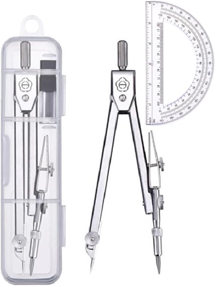 Protractor and Compass Set, Compass Protractor Set, Protractor, Compass for Geometry, Math Compass, Compass School, Math Compass and Protractor, Geometry Tools Set, Geometry Set (Silver)