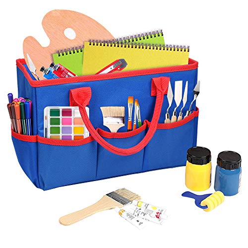 Image of ZKOO Craft Organizer Tote Bag, Portable Art Supply Storage Caddy with 6 Pockets & Removable Divider, Multi-Purpose Teacher Bag for Sewing, Scrapbooking, Office & Travel - Blue, Small