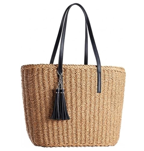 YXILEE Straw Bags For Women | M Size Travel Straw Totes Bag Woven Summer Handmade Shoulder Bag Handbag (black)