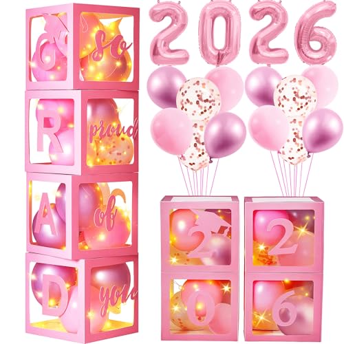 Image of AYGXU Graduation decorations class of 2026 pink- Graduation Decorations, Balloons Box (4PCS) with letters&balloons,2026 balloons,LED String Light,graduation party decorations