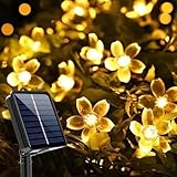 ストリングライト ソーラー ライト おしゃれ【2025進化 20時間以上点灯・高性能リチウム電池＆インジケーター搭載】イルミネーションライト ガーデンライト 50LED電球 7M 桜の花 8モード IP65防水 キャンプ 夜間自動点灯 クリスマス/ハロウィン/パーティー/バレンタインデー/新年/祝日/結婚式/誕生日/学園祭屋外/室外/室内/庭対応 飾りライト (暖色)