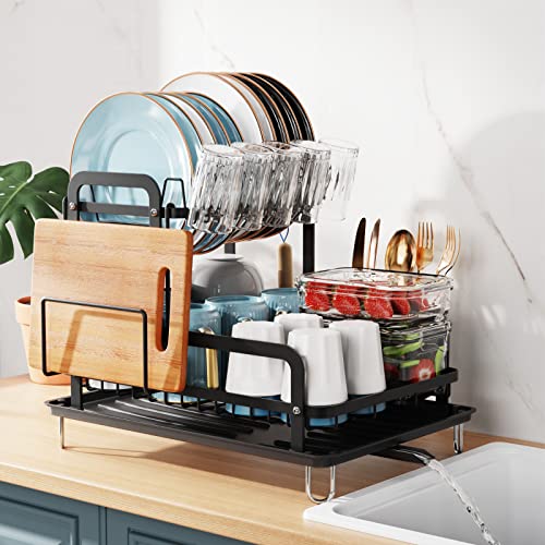 Gslife Dish Drying Rack With Drainboard - 2 Tier Rust Resistant Dish Rack For Kitchen Counter, Dish Drainer Racks Set With Utensil Holder, Cutting Board Holder, Black #TOP1