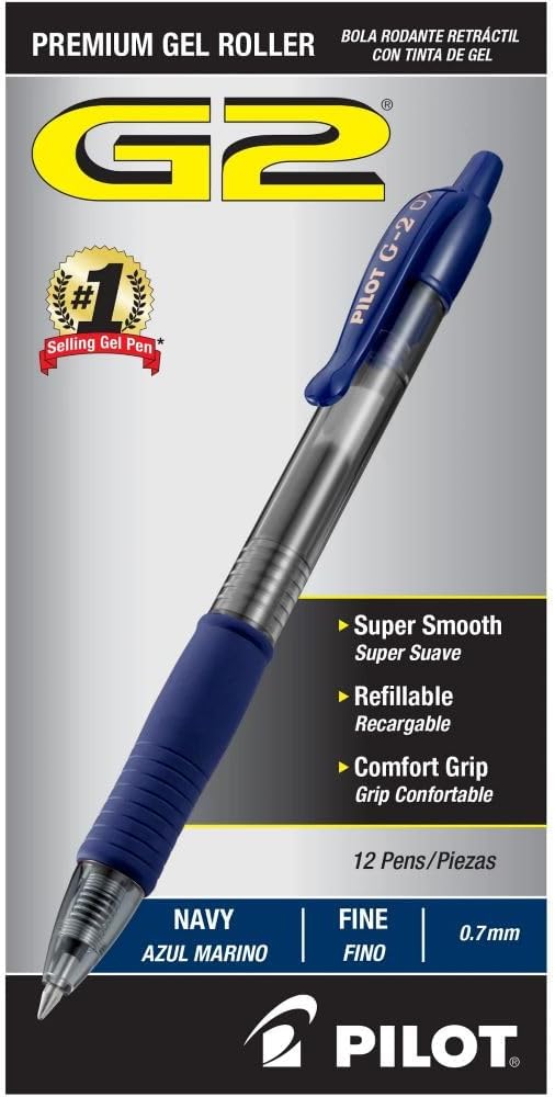 PILOT G2 Premium Refillable & Retractable Rolling Ball Gel Pens, Fine Point, Navy Blue Ink, 12-Pack (31187)