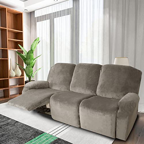 Funda de sofá reclinable de 3 plazas elástica OBASDFD terciopelo color caqui 2