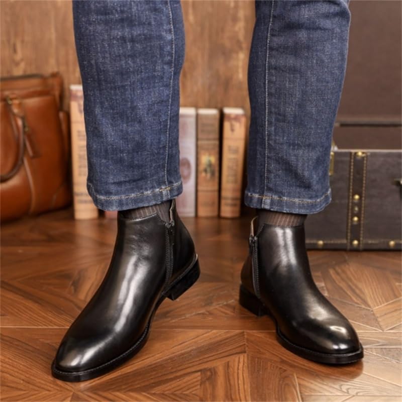 Men's British Side Zipper Leather Boots Square Toe Slip-on Middle Fashion Casual Shoes Slip Resistant Rubber Soft Sole Oxford Shoes for Men(10)4